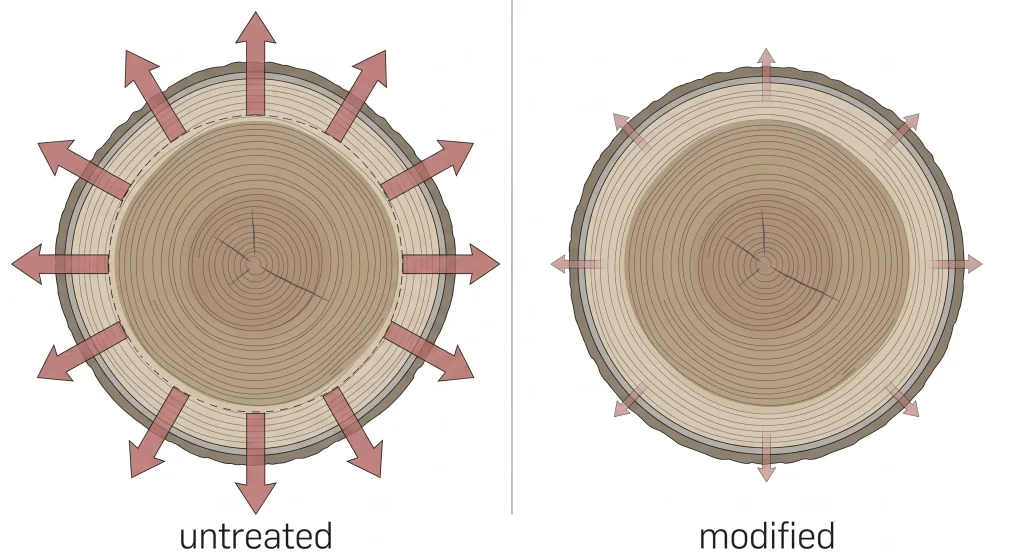 Diagram comparing volumetric swelling of untreated hardwood versus Ultimate FBR modified wood showing dimensional stability improvement