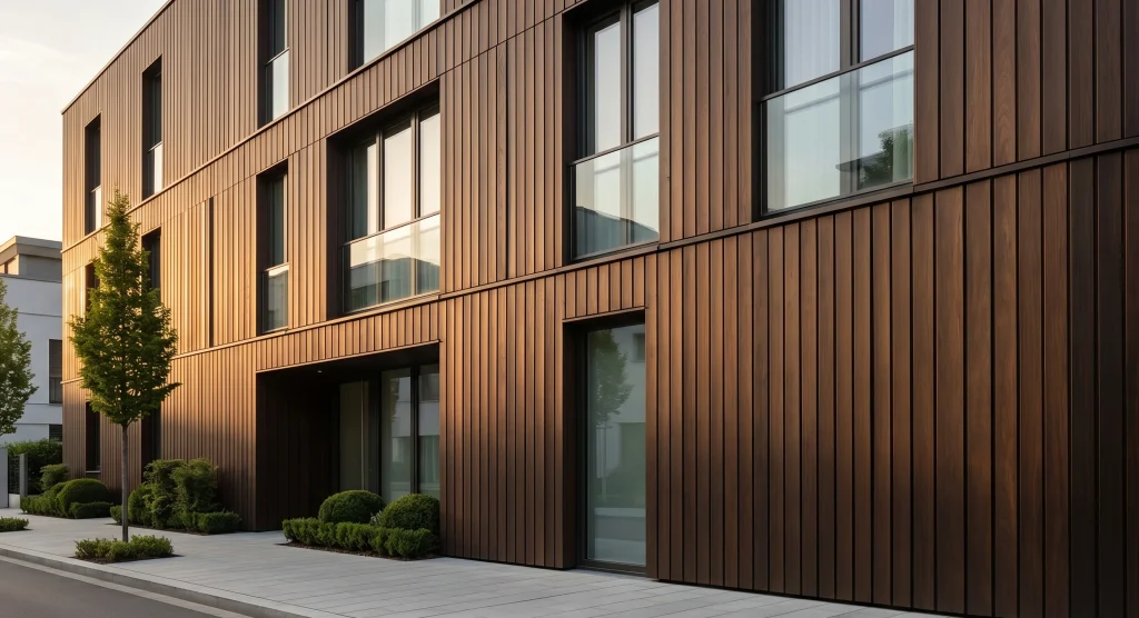 Dimensionally stable Ultimate FBR modified timber façade boards showing consistent alignment and gap spacing