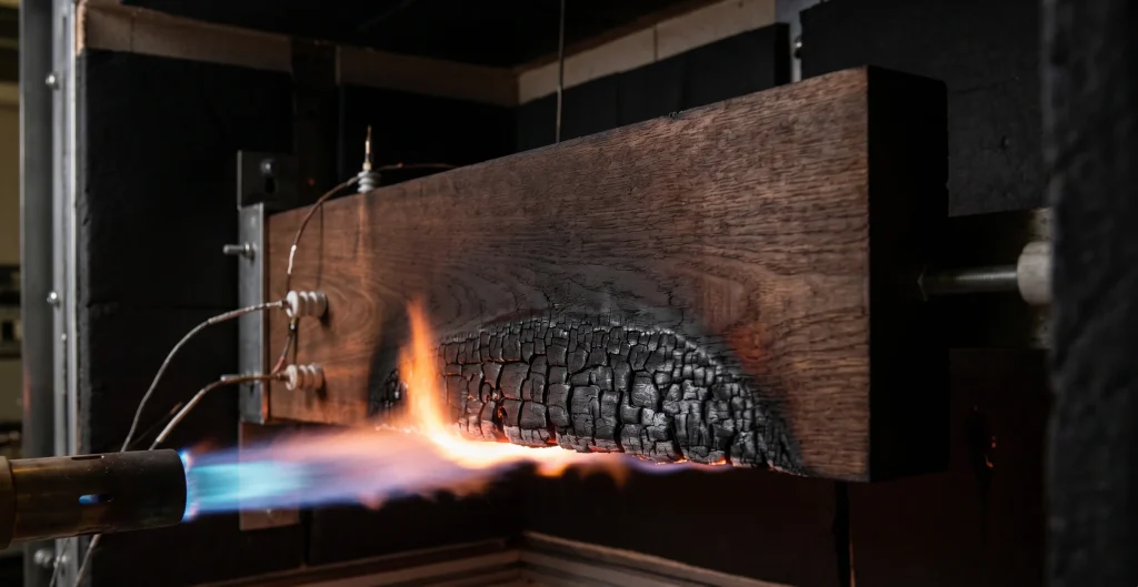 Ultimate FBR fire resistant modified hardwood timber forming stable char layer during Euroclass B fire performance testing under EN 13501-1