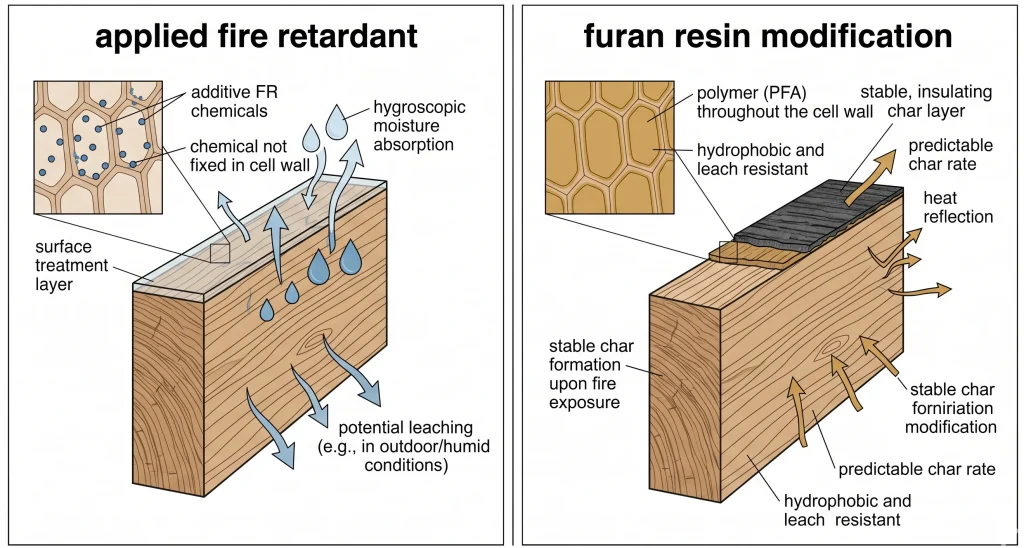Technical comparison diagram of applied fire retardant treatment versus furan resin modification approach to fire resistant timber performance