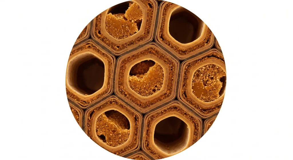 Cross-section of modified wood showing furan resin polymer structure in cell wall