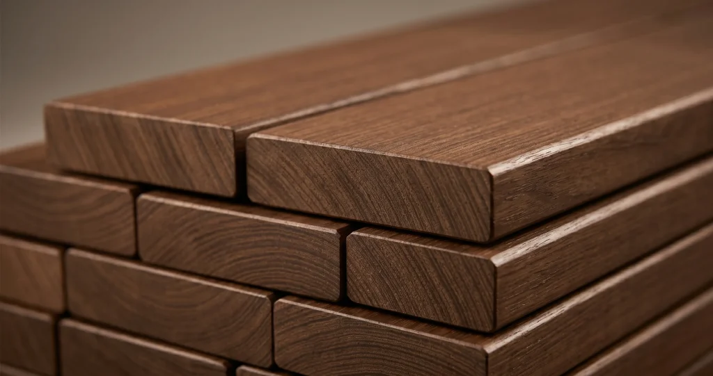 Ultimate FBR furan resin modified timber boards showing uniform dark brown colour and defect-free grain