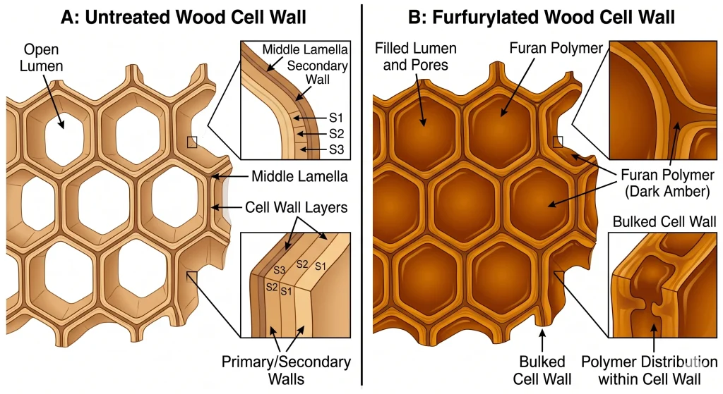 Cross-section diagram of wood cell wall before and after furan resin modification showing polymer distribution