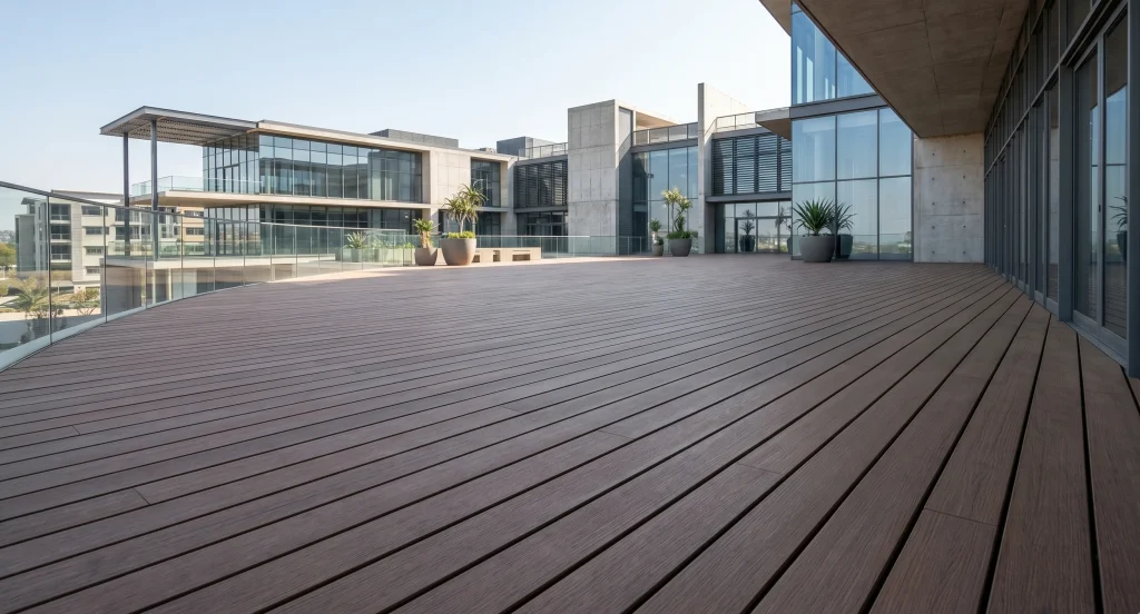 Ultimate FBR modified hardwood decking on a contemporary exterior terrace showing uniform dark brown boards and consistent gap spacing