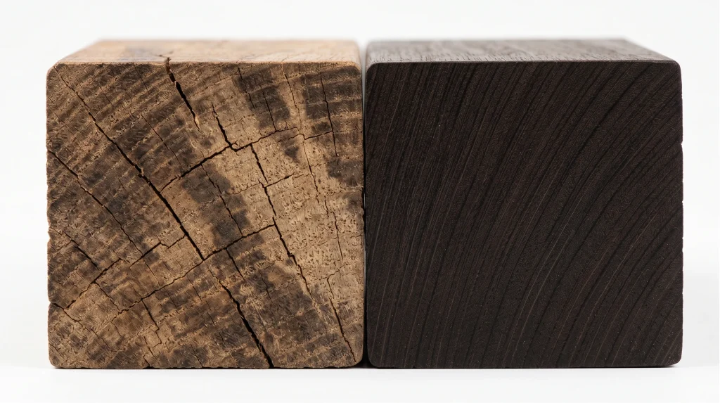 Performance comparison — untreated hardwood versus Ultimate FBR modified hardwood decking board cross-sections showing density and consistency difference