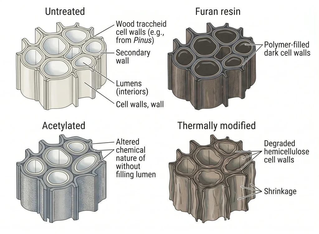 Diagram comparing four modified timber cell wall cross-sections — untreated, furan resin, acetylated and thermally modified timber modification mechanisms