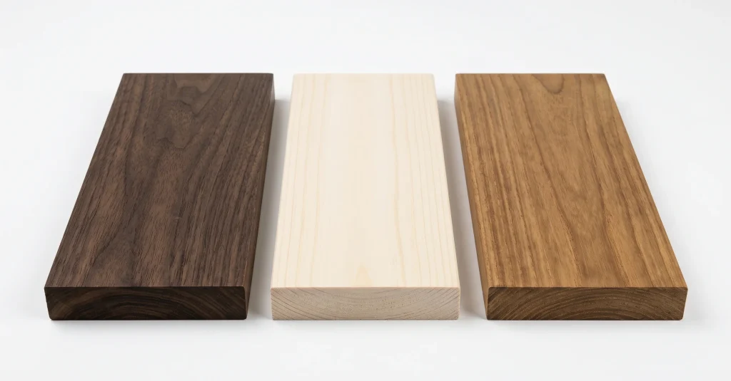 Three modified timber board samples comparing furan resin, acetylated and thermally modified timber technologies for B2B specifiers