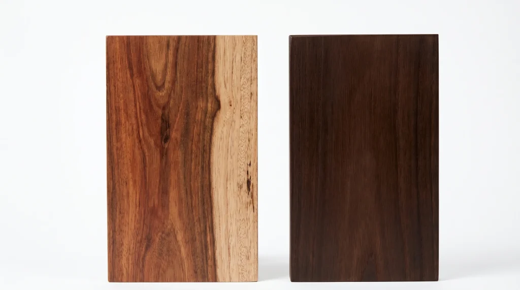 Sustainable timber comparison — tropical hardwood with sapwood variation versus Ultimate FBR uniform modified hardwood with consistent colour and no defects