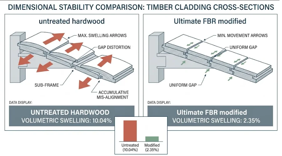 Comparison diagram showing dimensional stability of Ultimate FBR modified timber cladding versus untreated hardwood — ASE 44.33%