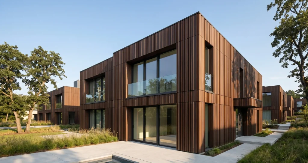 Ultimate FBR modified hardwood timber cladding on a contemporary façade showing uniform board alignment and consistent shadow gaps