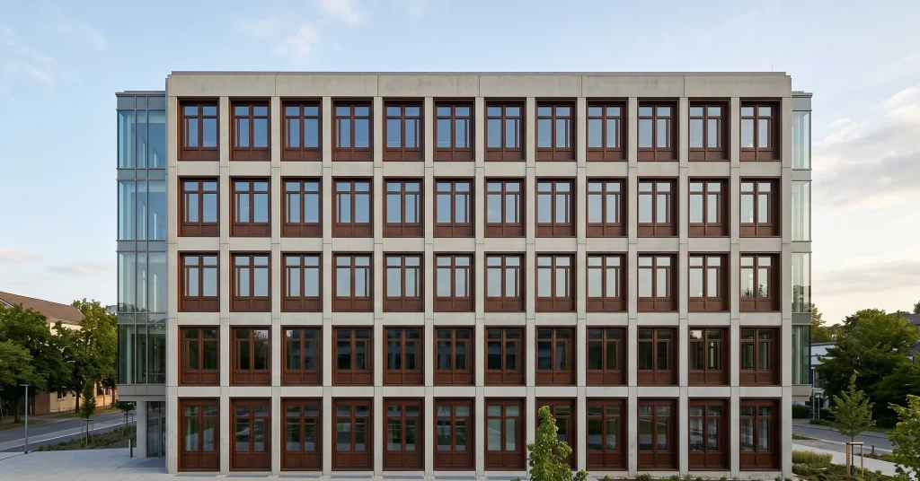 Commercial building elevation with Ultimate FBR modified hardwood timber window frames showing consistent alignment and coating performance