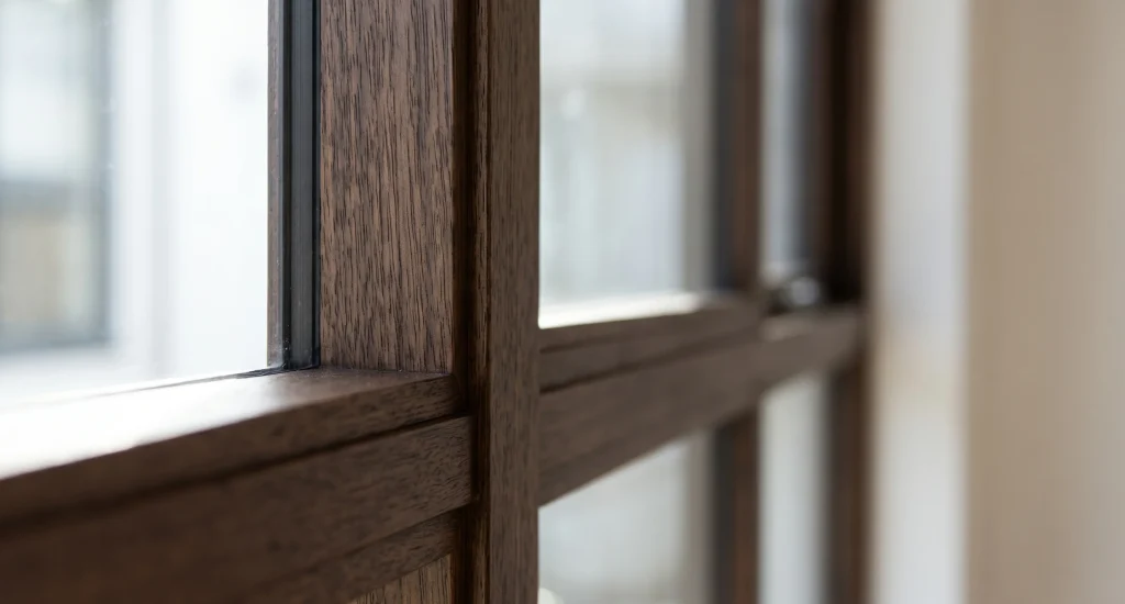 Ultimate FBR modified hardwood timber window frames showing precise joinery detail and uniform dark brown colour