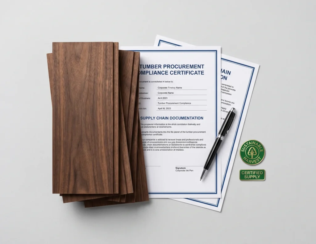 EUDR timber compliance documentation alongside Ultimate FBR modified hardwood boards — SVLK certified supply chain for EU market placement