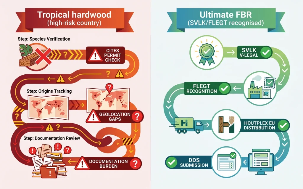 EUDR timber compliance pathway comparison — tropical hardwood high-risk supply chain versus Ultimate FBR SVLK FLEGT recognised streamlined pathway