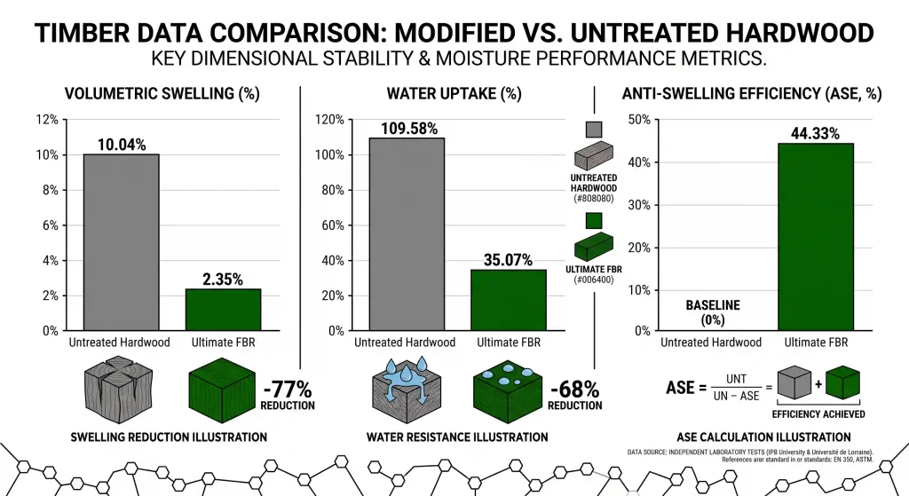 Performance data comparison showing Ultimate FBR hardwood cladding ASE 44.33% and volumetric swelling 2.35% versus untreated hardwood baseline