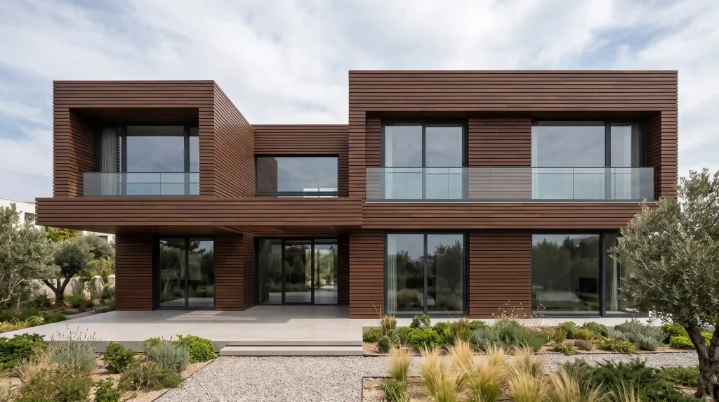 Hardwood cladding facade on a contemporary commercial building showing uniform dark brown modified hardwood boards with shadow gap profile