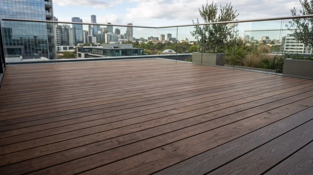 Composite decking alternative — furan resin modified hardwood decking on a commercial terrace showing genuine timber grain and uniform dark colour versus WPC composite surface texture