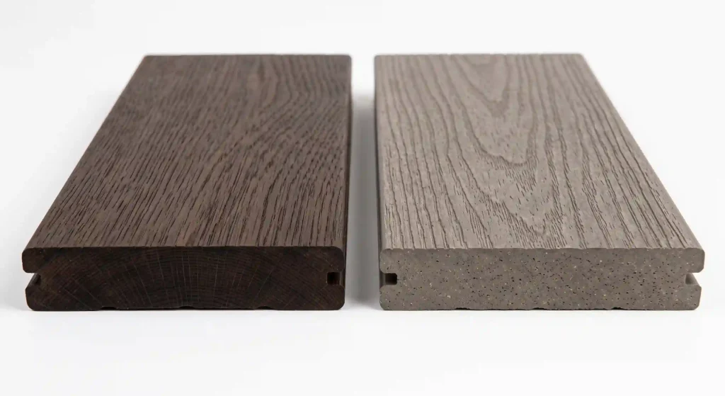 Side-by-side product comparison of furan resin modified hardwood Ultimate FBR and WPC composite decking board cross-sections showing material composition and surface texture differences