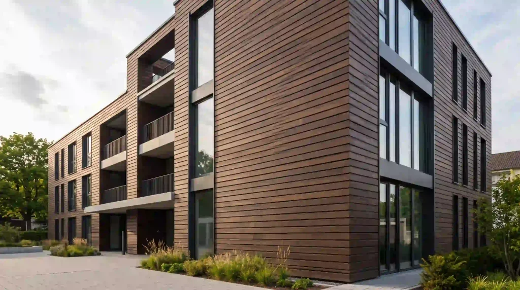 Exterior timber cladding on a contemporary commercial building showing uniform dark brown modified hardwood boards with shadow gap profile and precise batten alignment