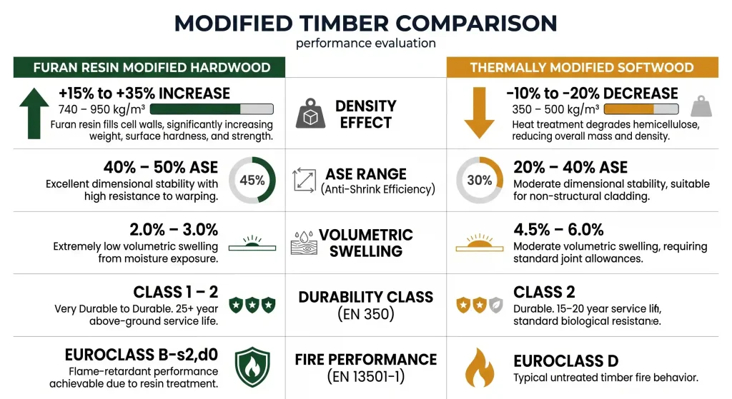 Exterior timber cladding performance infographic comparing furan resin modified hardwood versus thermally modified softwood across density, ASE, fire performance and durability