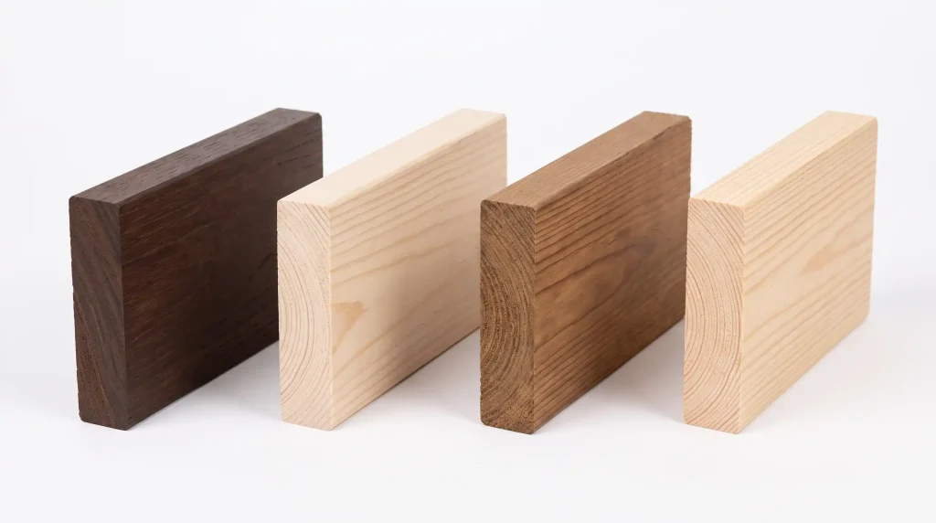 Four modified timber board samples representing furan resin modified hardwood, acetylated timber, thermally modified timber and preservative-treated softwood for B2B specification comparison