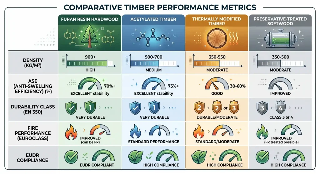 Modified timber comparison showing furan resin hardwood Ultimate FBR versus acetylated, thermally modified and preservative-treated timber across density, ASE, durability class and fire performance