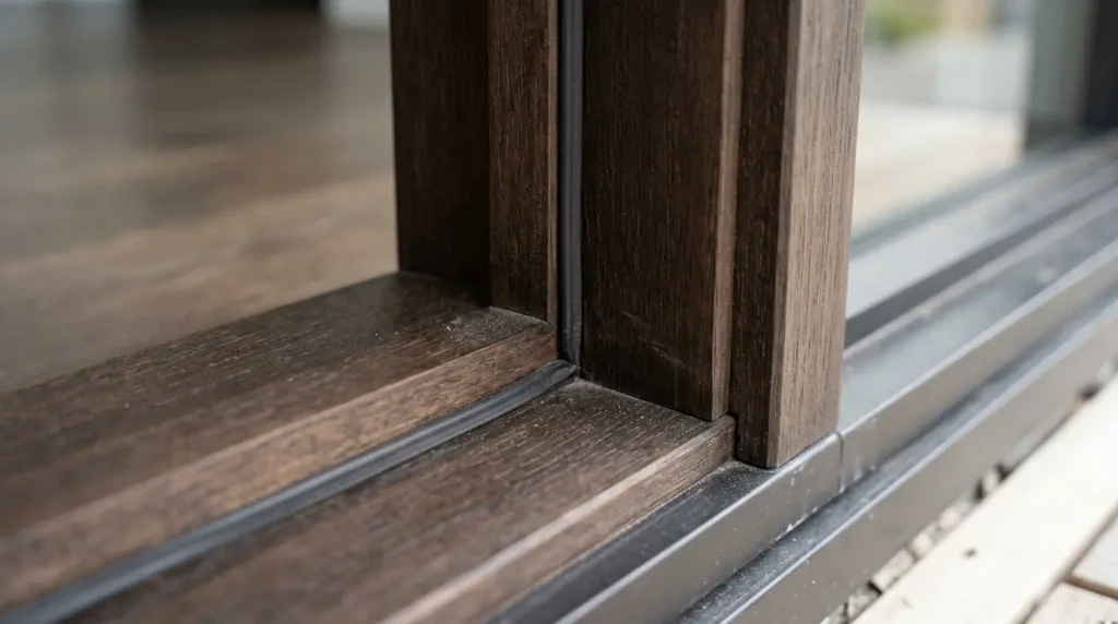 Timber door frames manufactured from Ultimate FBR modified hardwood showing precise joinery, uniform dark brown colour and threshold detail