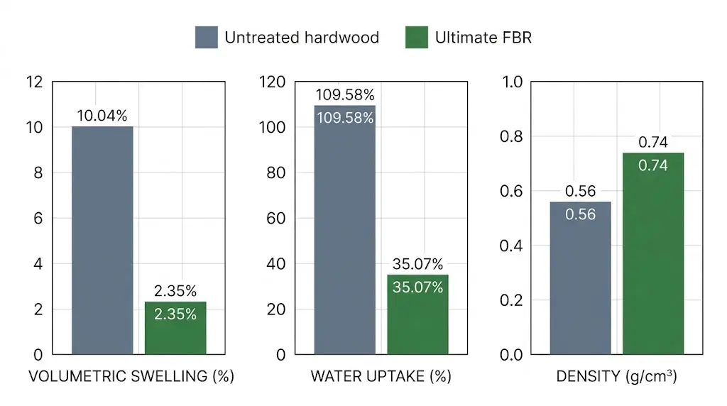 Performance data comparison for timber door frames showing Ultimate FBR ASE 44.33% and volumetric swelling 2.35% versus untreated hardwood