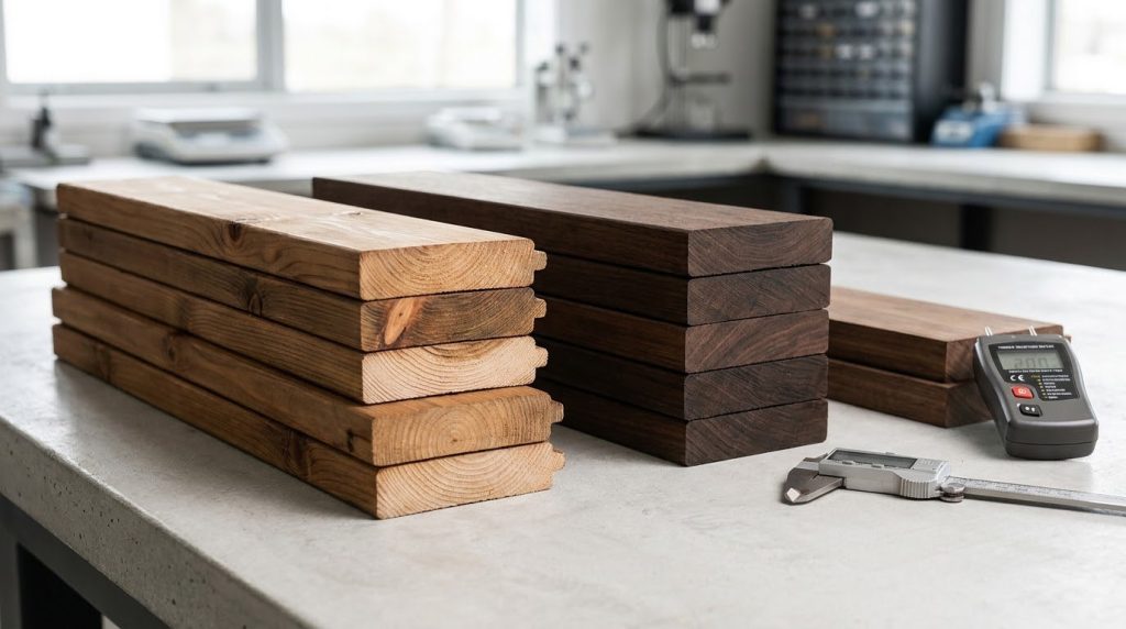 Thermally modified softwood boards beside uniform dark furan resin modified hardwood boards on a laboratory bench