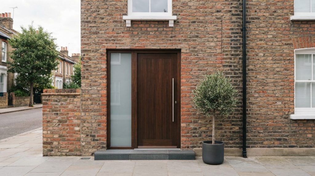 Dark-brown modified hardwood external front door with glazed sidelight on a contemporary brick house