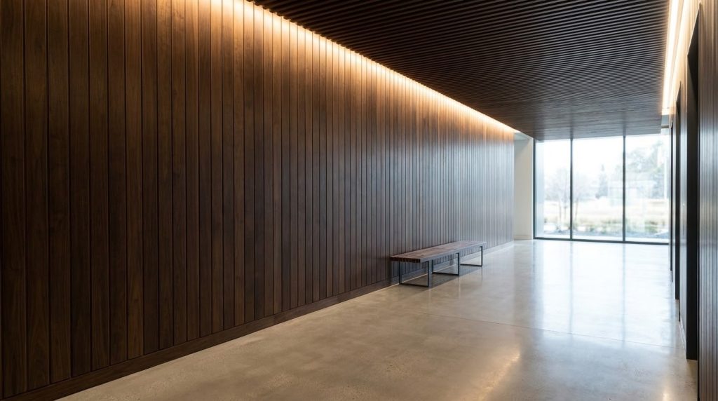 Dark-brown modified hardwood panelling lining the wall and ceiling of a commercial lobby corridor
